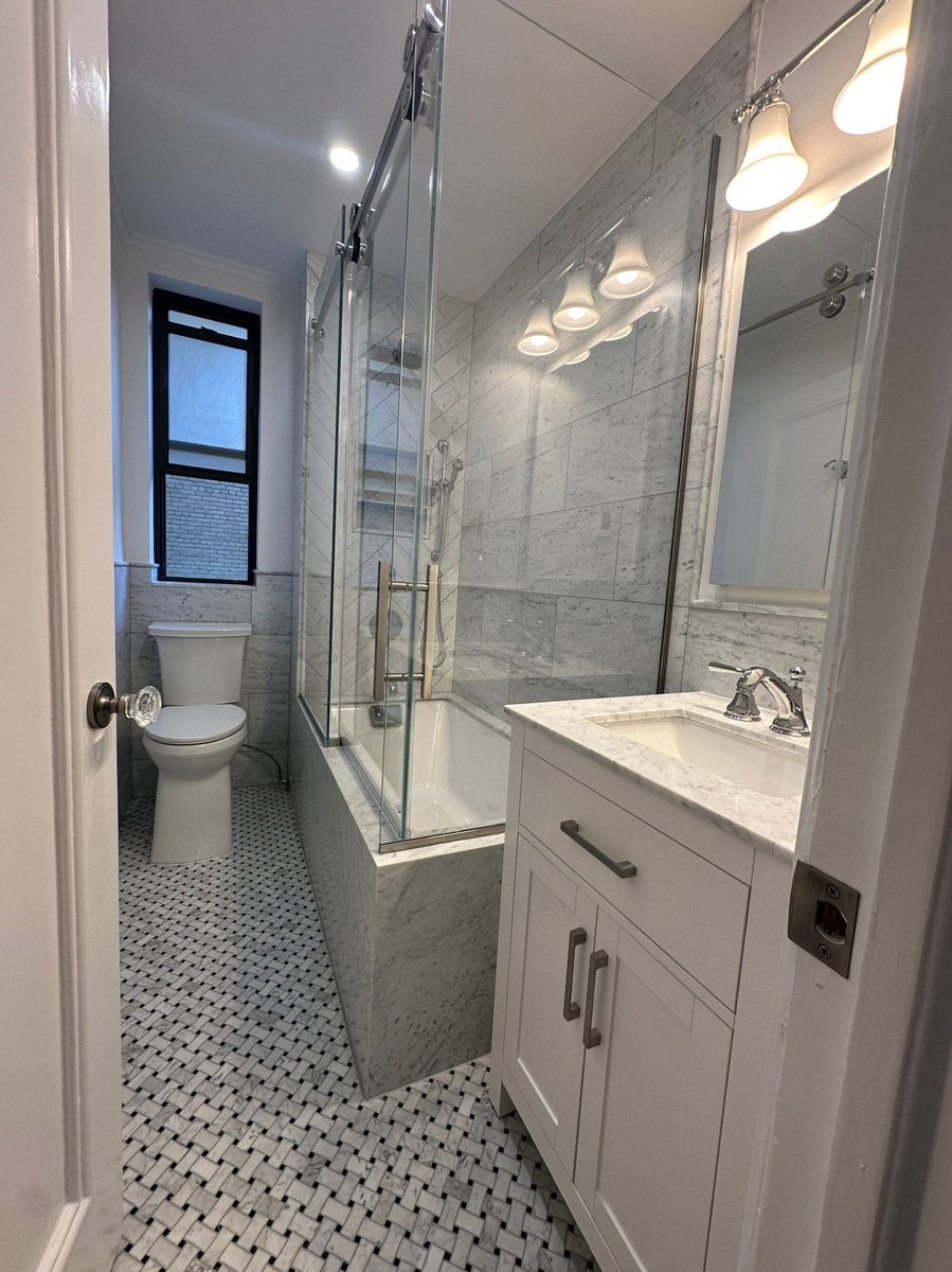 modo renovations bathroom remodeling in manhattan ny with tub shower combo and basketweave tile floor