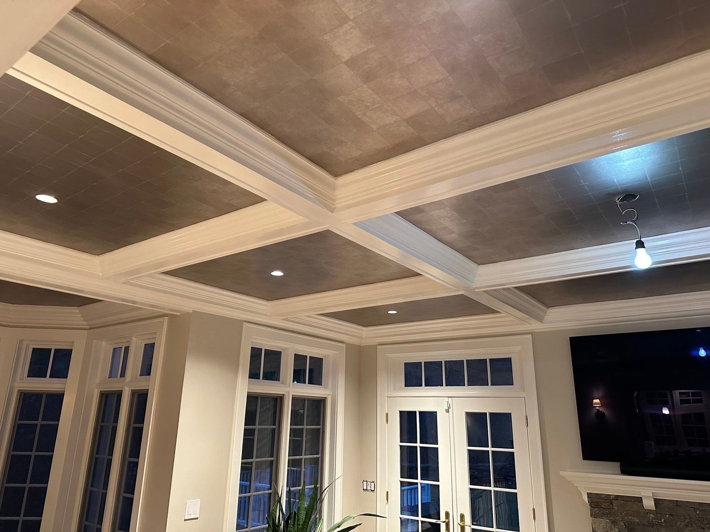 finished coffered ceiling and built ins in living room by modo renovations in rye ny home remodel