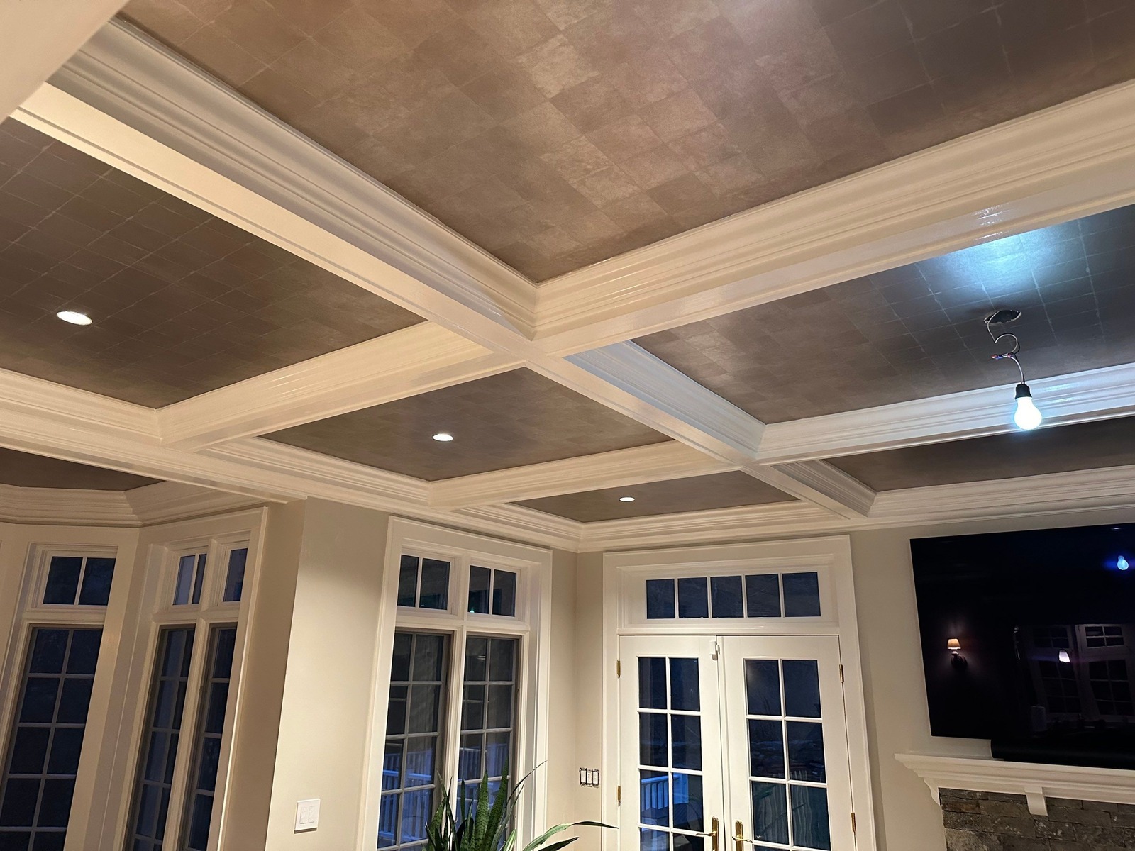 finished coffered ceiling and built ins in living room by modo renovations in rye ny home remodel