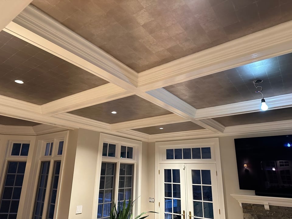finished coffered ceiling and built ins in living room by modo renovations in rye ny home remodel